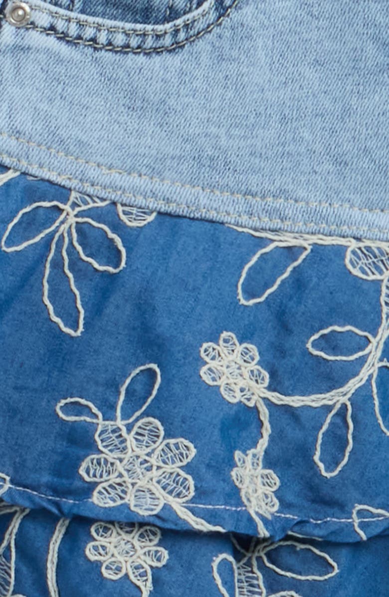 Tractr Kids' Floral Embroidered Tiered Flounce Skirt, Alternate, color, Washed Indigo