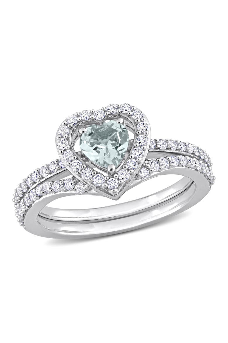 Aquamarine & Diamond Heart Bridal Ring Set 10k, Main, color, Aquamarine