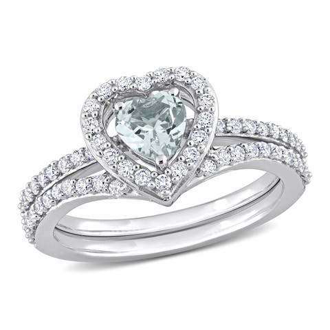 Aquamarine & Diamond Heart Bridal Ring Set 10k