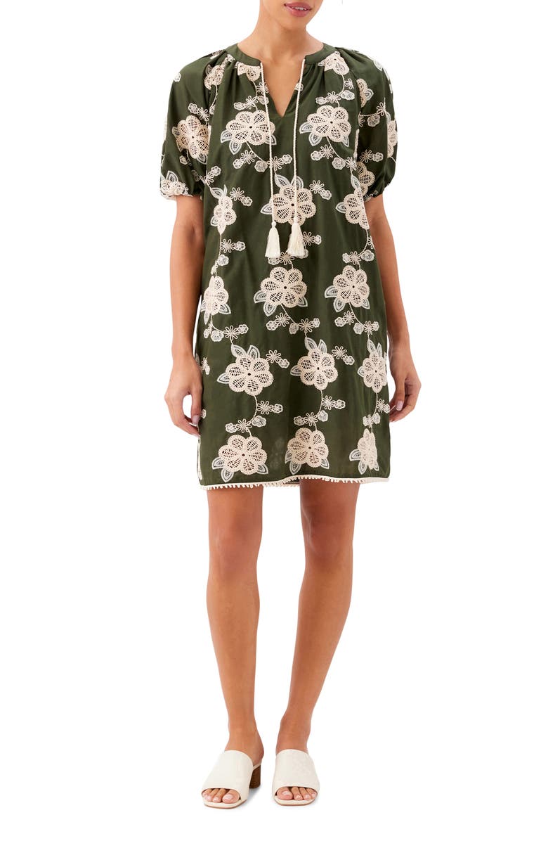 Karen Kane Embroidered Puff Sleeve Tassel Tie Dress, Main, color, Olive/ Natural