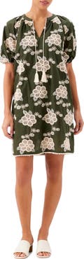 Karen Kane Embroidered Puff Sleeve Tassel Tie Dress