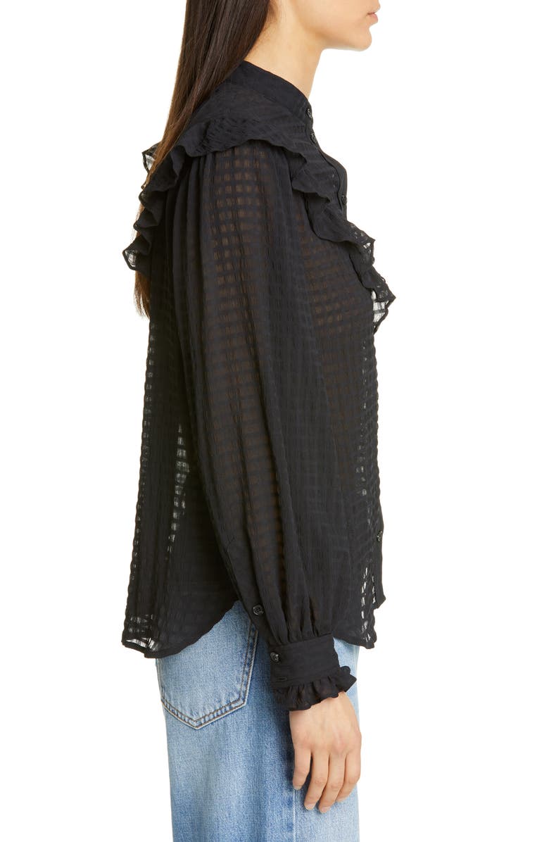 Ganni Ruffle Detail Seersucker Shirt, Alternate, color,