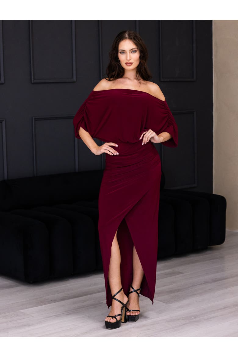 Boat Neck Batwing Sleeve Slit Maxi Dress, Alternate, color, Black