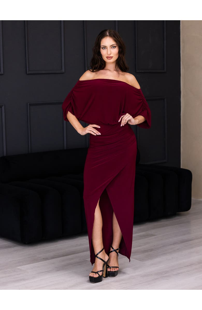 24seven Comfort Apparel Boat Neck Batwing Sleeve Slit Maxi Dress, Alternate, color, Black