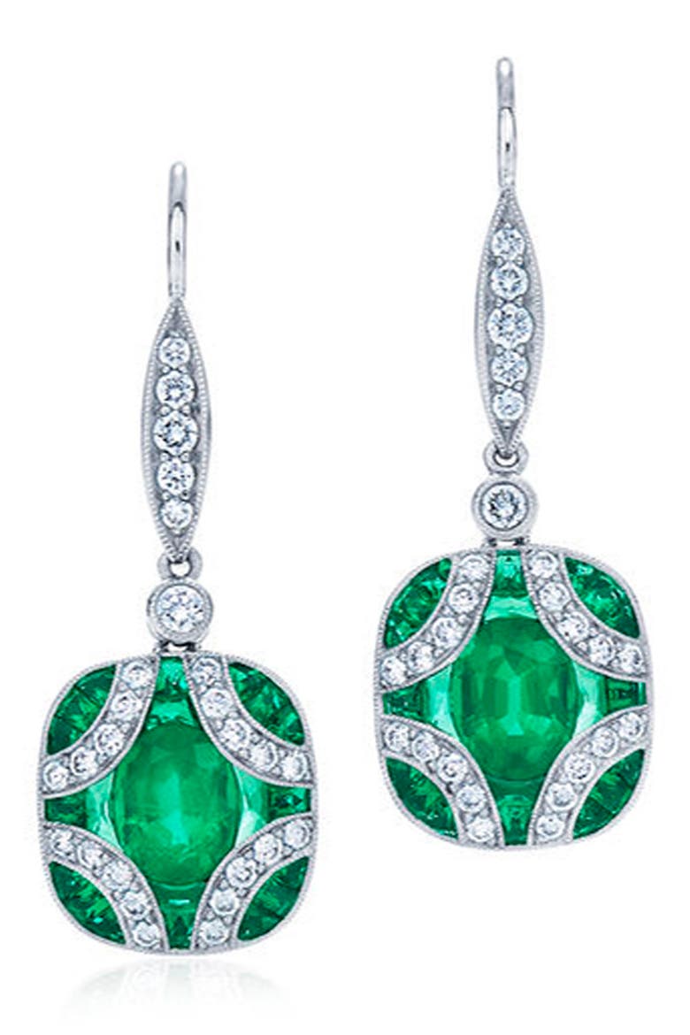 Emerald & Diamond Drop Earrings, Main, color, WHITE GOLD/ EMERALD/ DIAMIOND