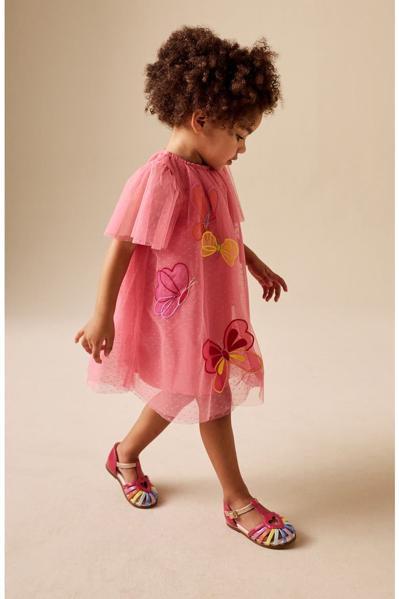 Kids' Butterfly Appliqué Mesh Party Dress, Alternate, color, CORAL BUTTERFLY