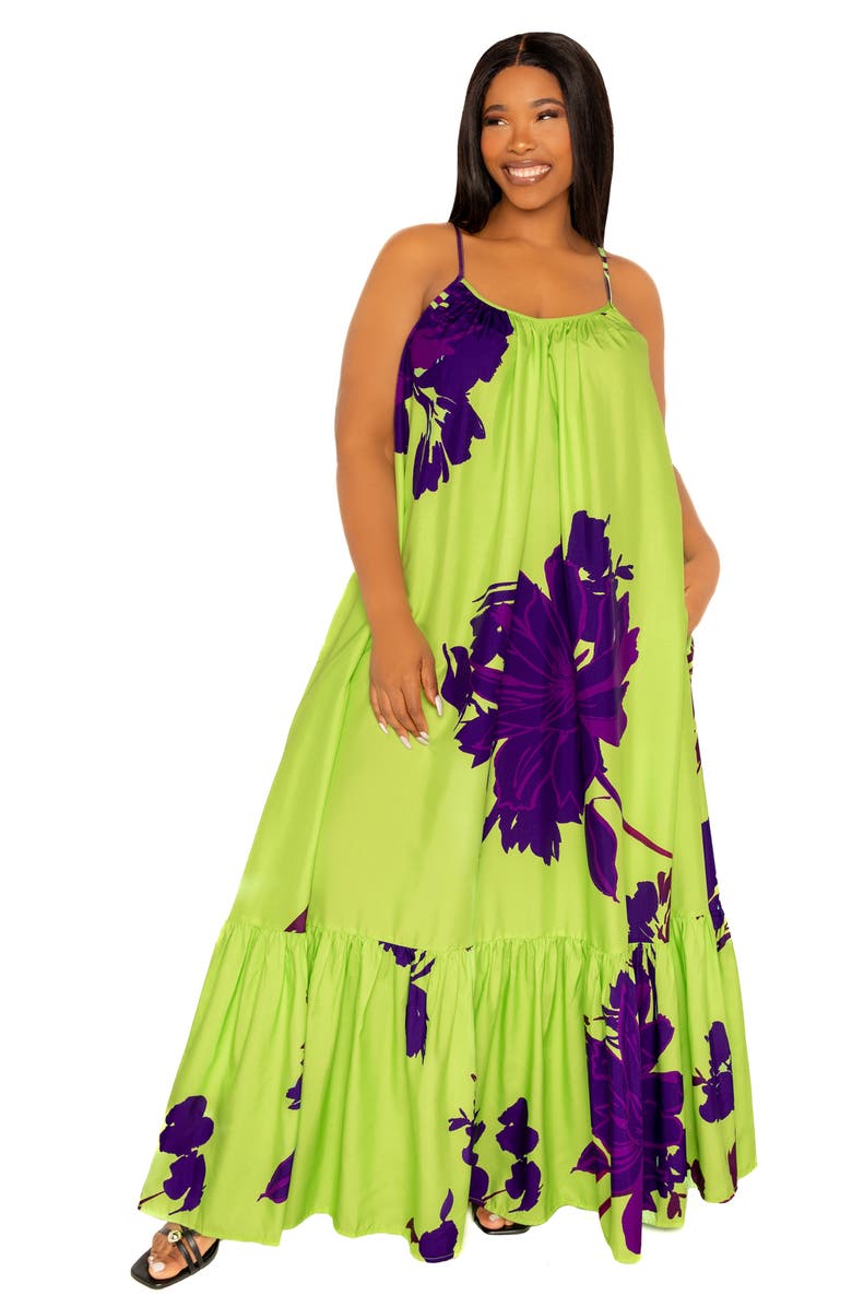 BUXOM COUTURE Floral Print Voluminous Maxi Dress, Alternate, color, Lime Multi