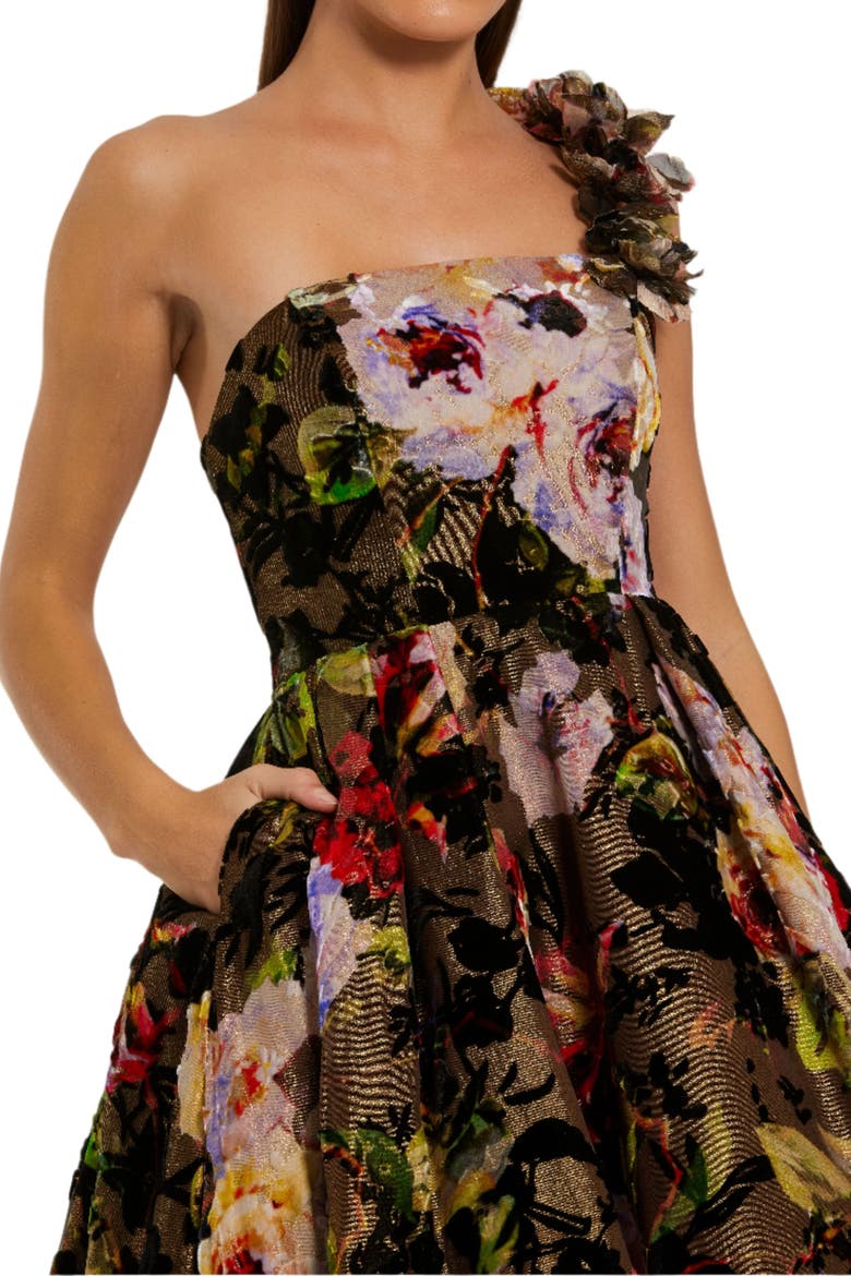 Multicolor One Shoulder Embossed Organza 3D Flower Gown, Alternate, color, Black Multi