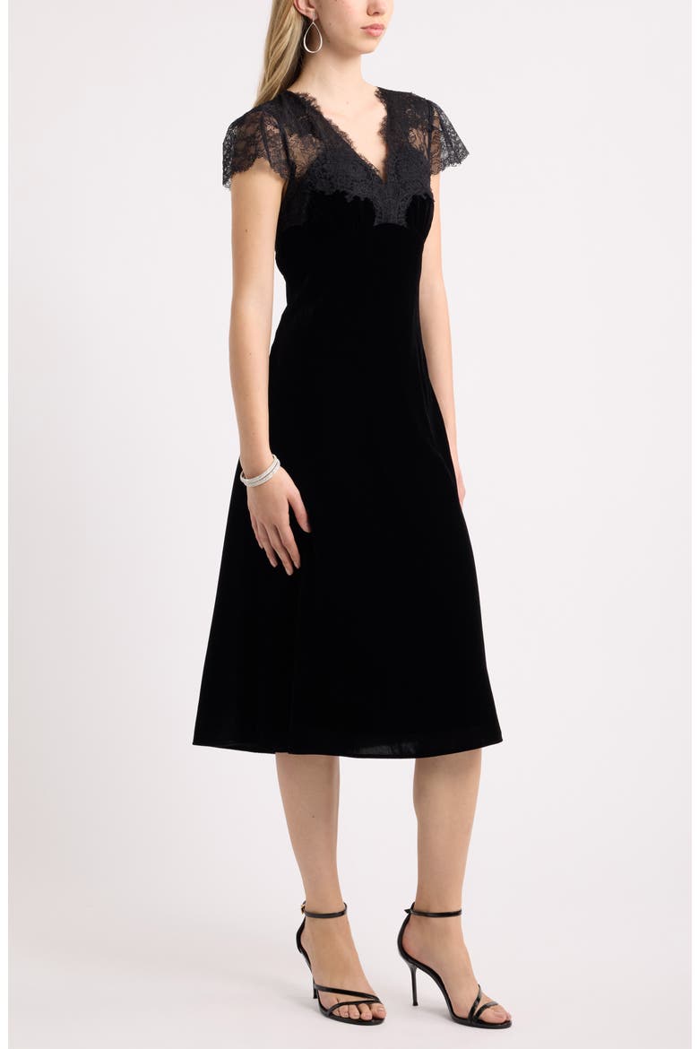 Lace & Velvet Midi Dress, Alternate, color, BLACK