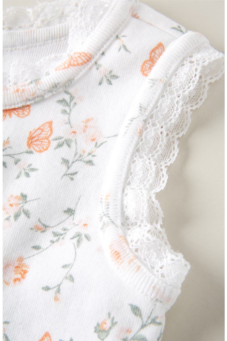 Lace Trim Bodysuit, Shorts & Headband Set, Alternate, color, WHITE- CORAL BUTTERFLY ROSE