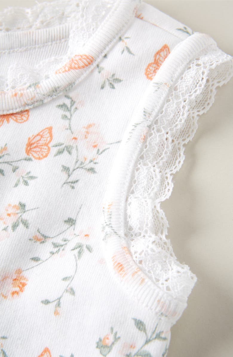 Nordstrom Lace Trim Bodysuit, Shorts & Headband Set, Alternate, color, White- Coral Butterfly Rose