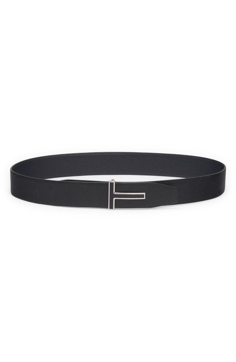 TOM FORD Logo Grained Leather Belt, Main, color, Dark Navy