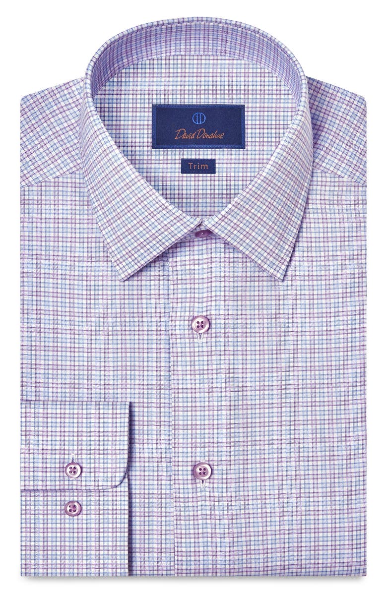 David Donahue Trim Fit Check Cotton Twill Dress Shirt, Main, color, Blue/ Purple