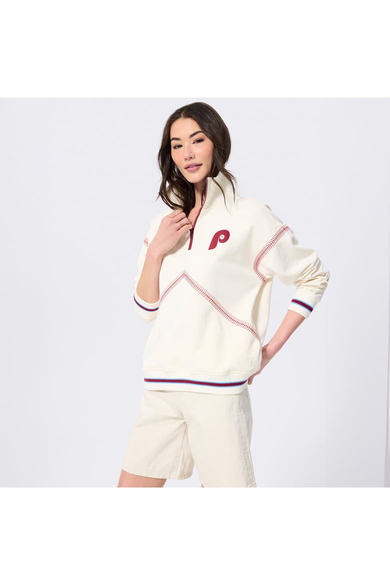 Women's Terez  White Philadelphia Phillies Baseball Stitch Quarter-Zip Pullover, Main, color, Cream
