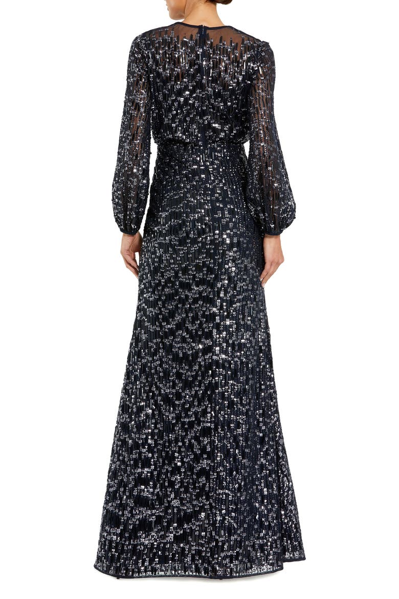 Sequin Long Sleeve Blouson Evening Gown, Alternate, color, Midnight