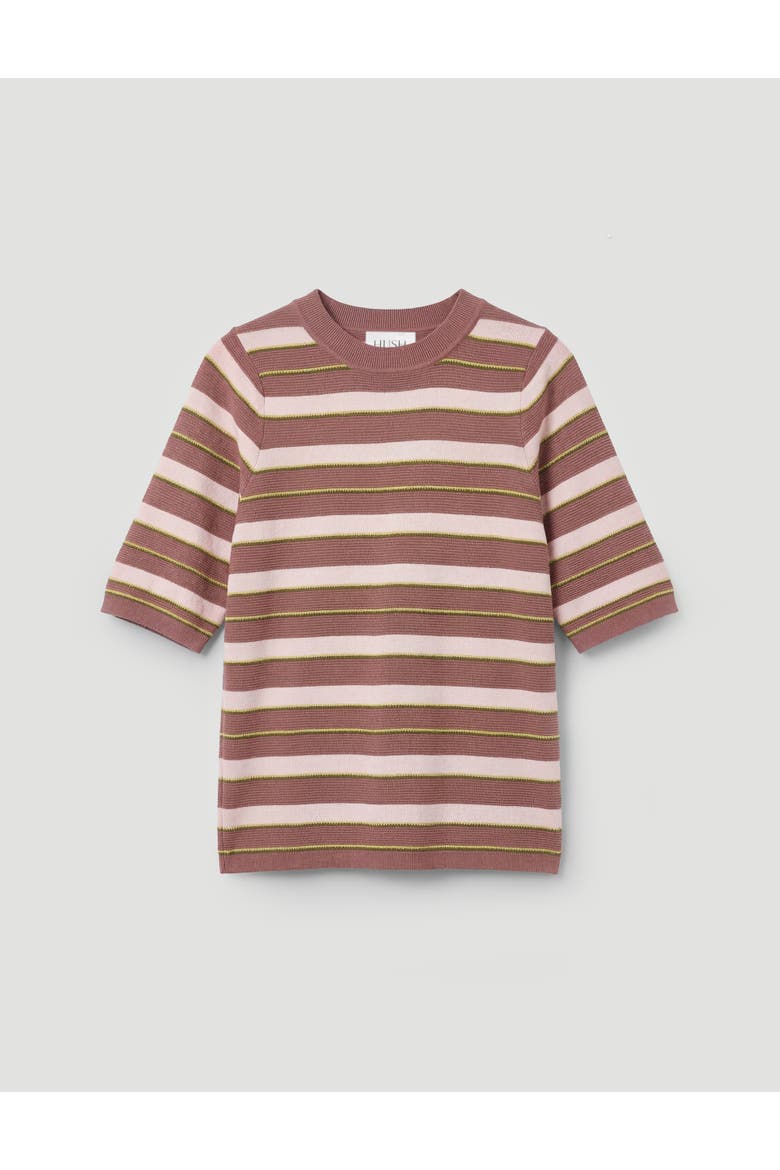 Gathered Shoulder Stripe Knitted T-shirt, Alternate, color, Clay Brown