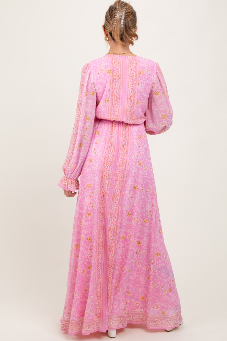 Paisley Deep V-Neck Long Sleeve Maxi Dress, Alternate, color, Pink