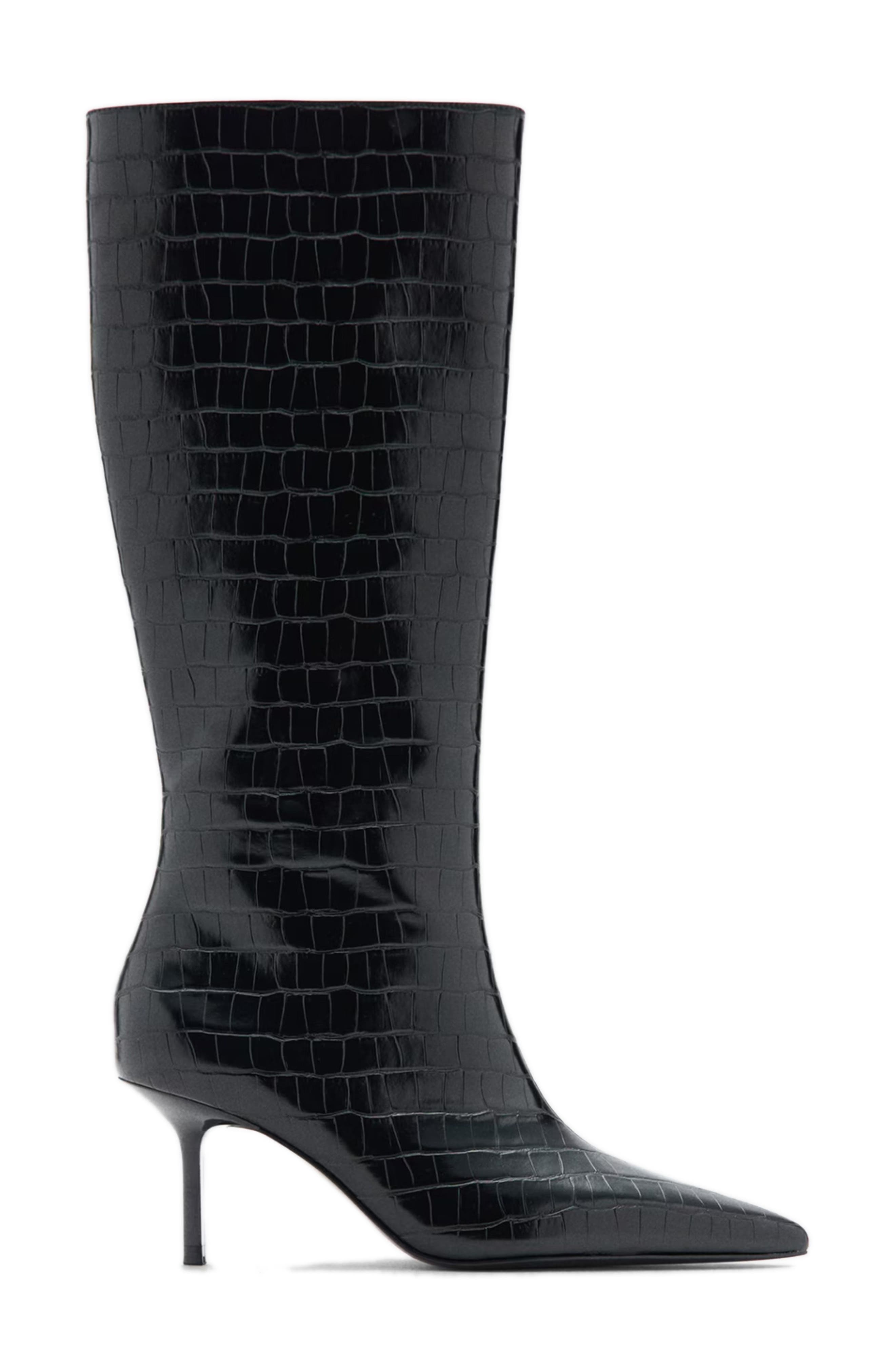 MANGO Croc Embossed Knee High Pointed Toe Boot, Alternate, color, Black