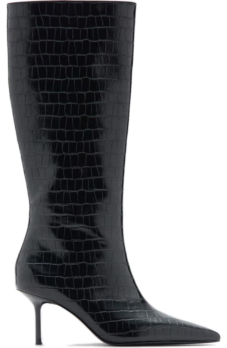 MANGO Croc Embossed Knee High Pointed Toe Boot, Alternate, color, Black