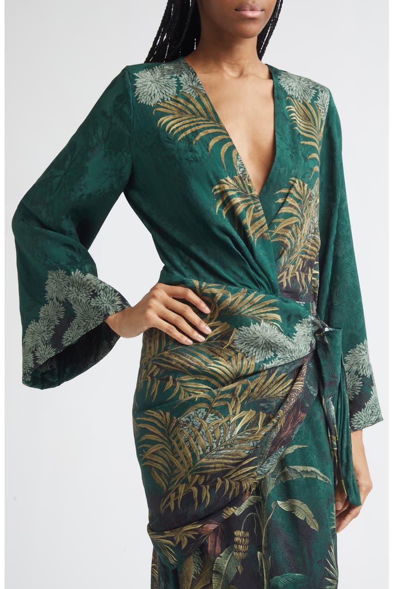 Ollantay Floral Jacquard Long Sleeve Wrap Dress, Alternate, color, DARK GREEN