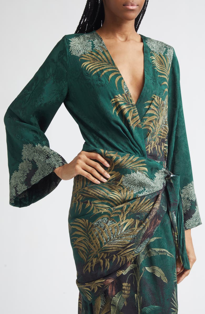 Johanna Ortiz Ollantay Floral Jacquard Long Sleeve Wrap Dress, Alternate, color, Dark Green
