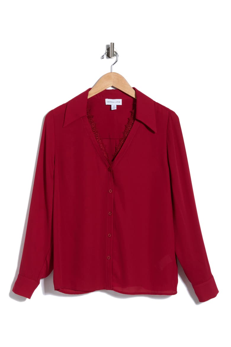 V-Neck Lace Trim Button-Up Shirt, Alternate, color, RED WINE