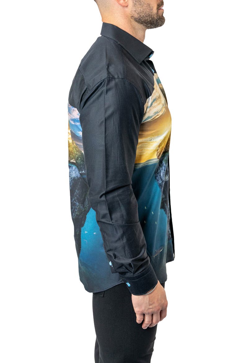 Fibonacci Skull Island Cotton Button-Up Shirt, Alternate, color, BLACK