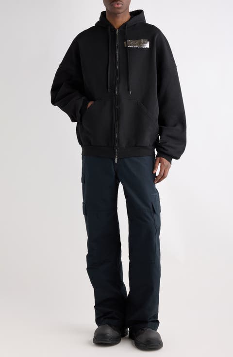 Large Distressed Silver Tape Logo Embroidered Zip Hoodie