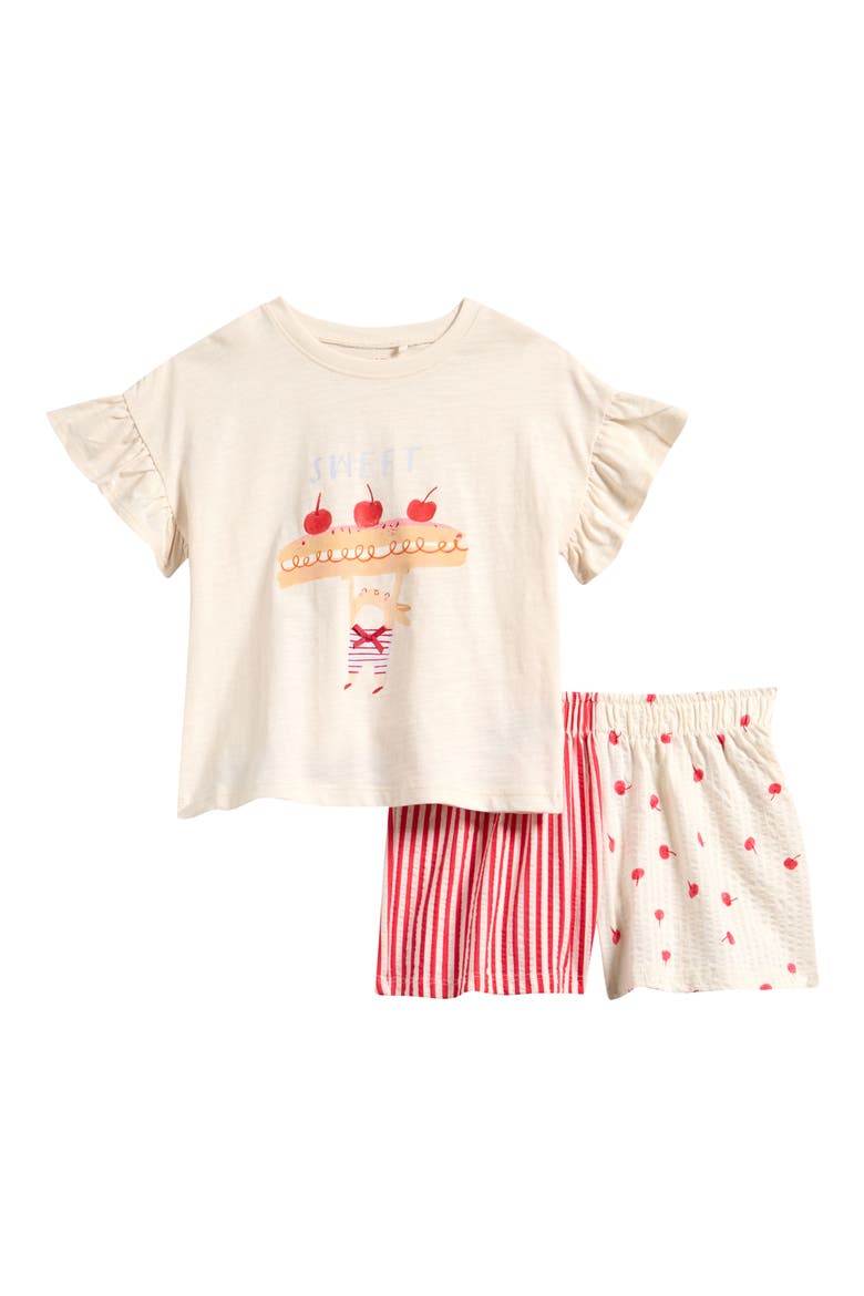 Kids' Flutter Sleeve Cotton Graphic T-Shirt & Seersucker Shorts Set, Main, color, RED/ NEUTRAL