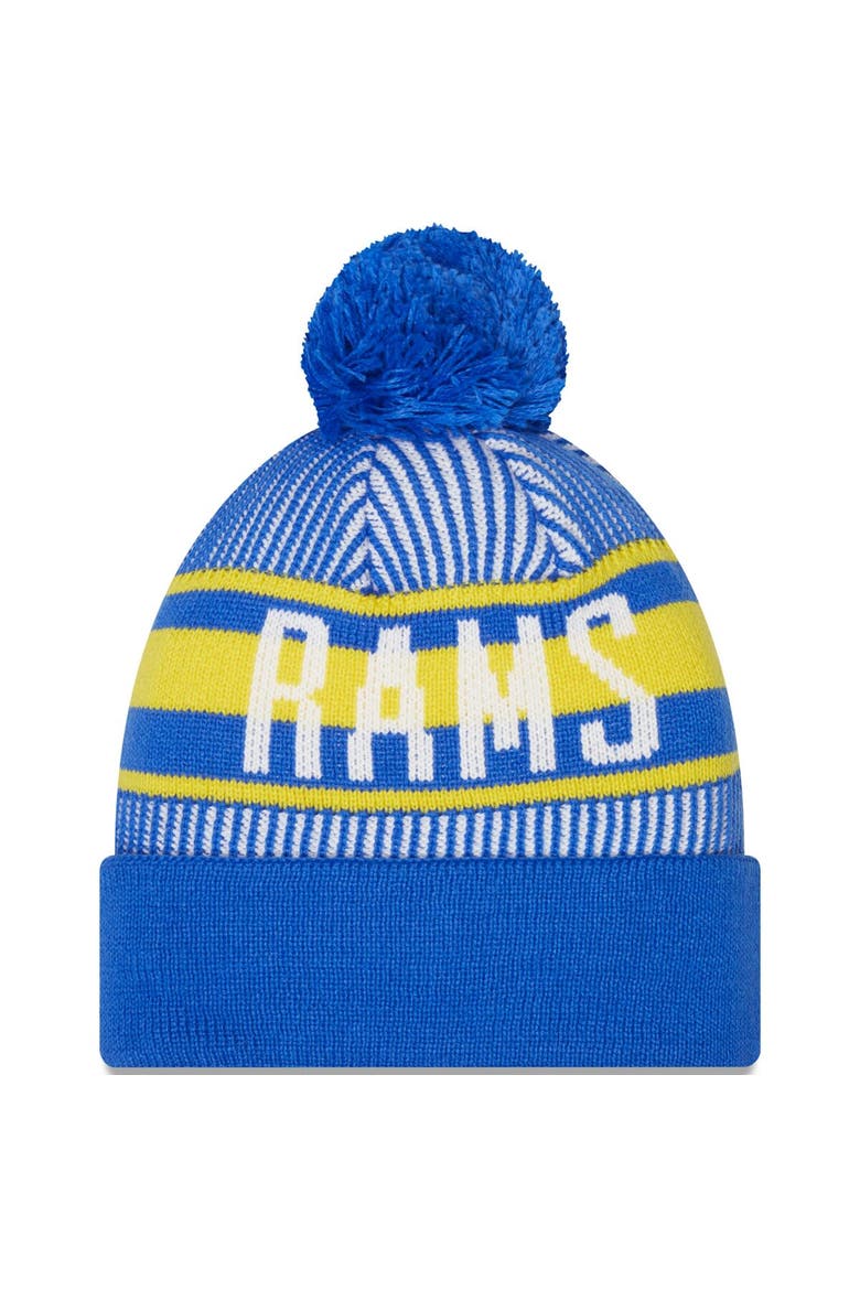 Men's New Era Royal Los Angeles Rams Striped Cuffed Knit Hat with Pom, Alternate, color, Royal