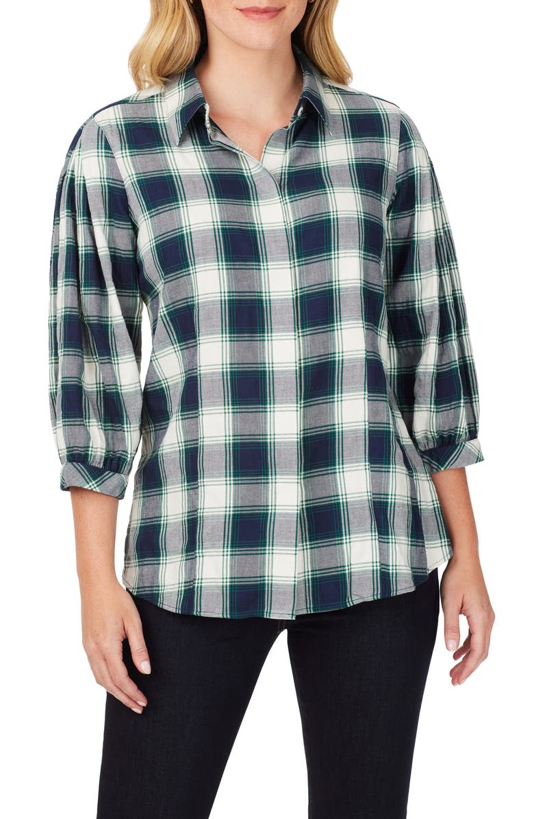 Foxcroft Sophie Cotton Blend Button-Up Plaid Shirt, Main, color, Navy Multi