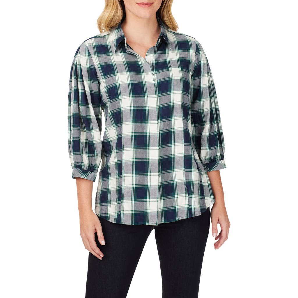 Foxcroft Sophie Cotton Blend Button-up Plaid Shirt In Navy Multi