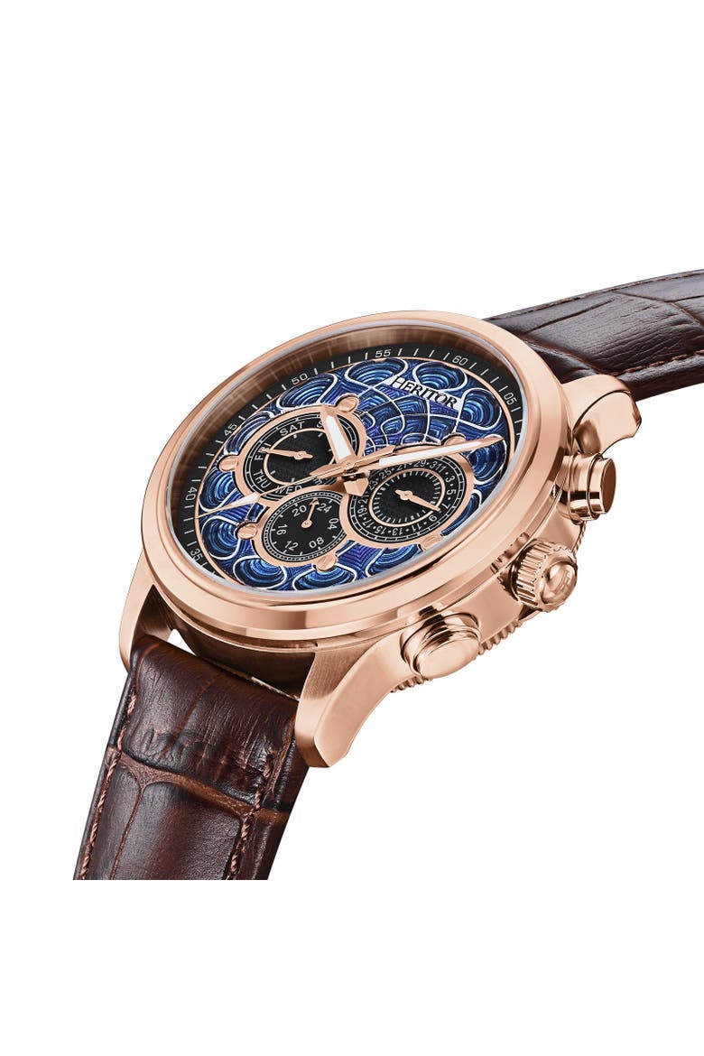 Apostle Leather-Band Watch w/ Day/Date, Alternate, color, Rose Gold/Brown