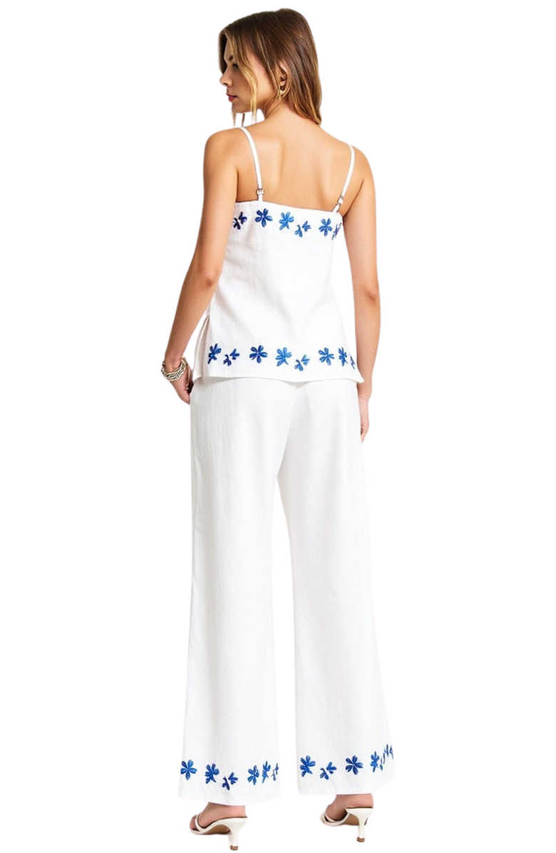 Modenaire Embroidered Camisole and Wide-Leg Pant Set with Floral Hem, Alternate, color, White