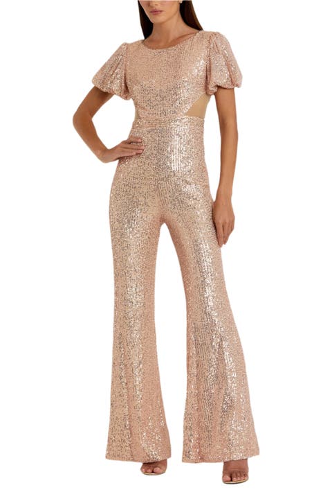 Sequined Puff Shoulder Illusion Cut Out Jumpsuit