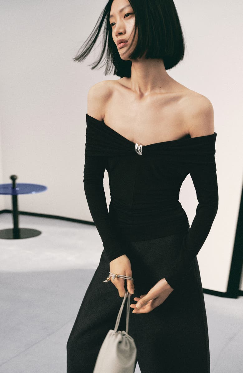 MANGO Metallic Off the Shoulder Top, Alternate, color, Black