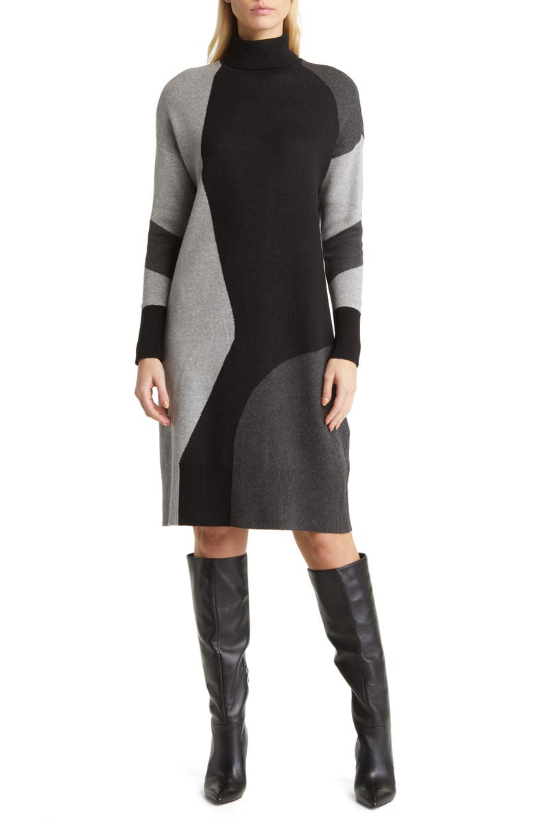 Anne Klein Colorblock Turtleneck Sweater Dress, Main, color, 
