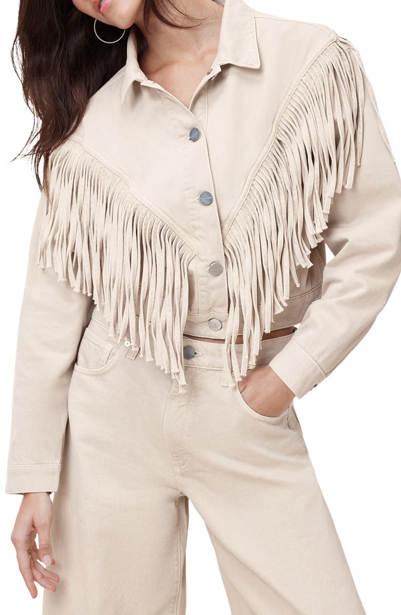 AllSaints Marlene Fringe Trim Denim Jacket, Main, color,