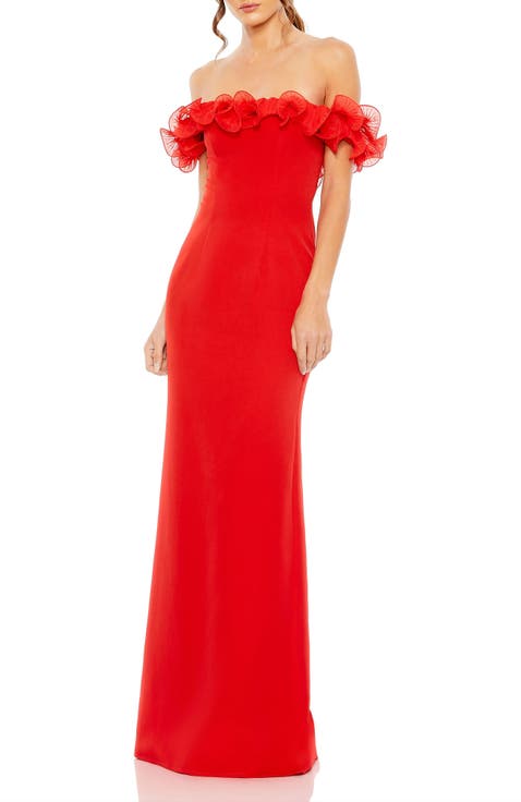 Off the Shoulder Ruffle Detail Column Gown