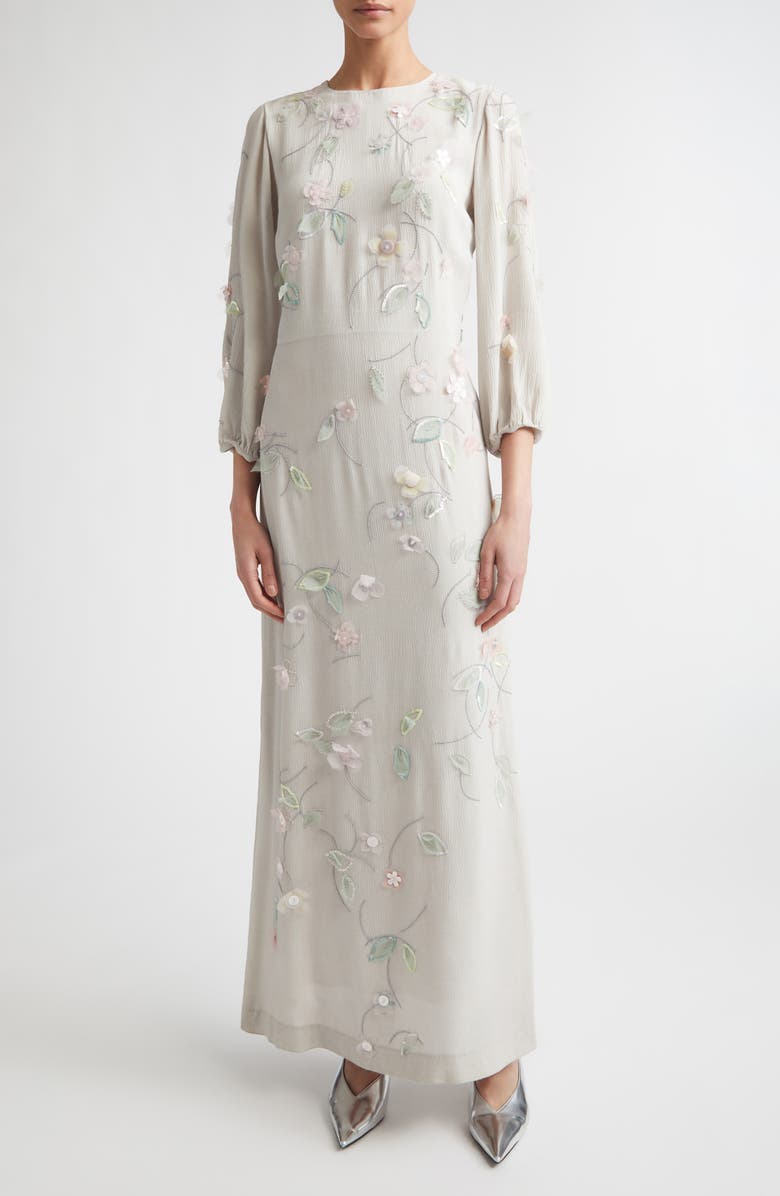 BERNADETTE Berna Embroidered Crinkle Maxi Dress, Main, color, Clematis Embroidery On Pearl