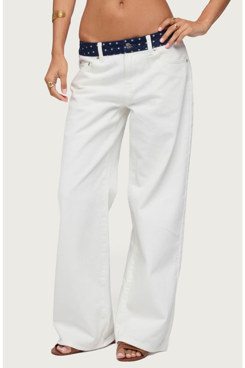 Polka Dot Waist Low Rise Wide Leg Jeans, Main, color, WHITE