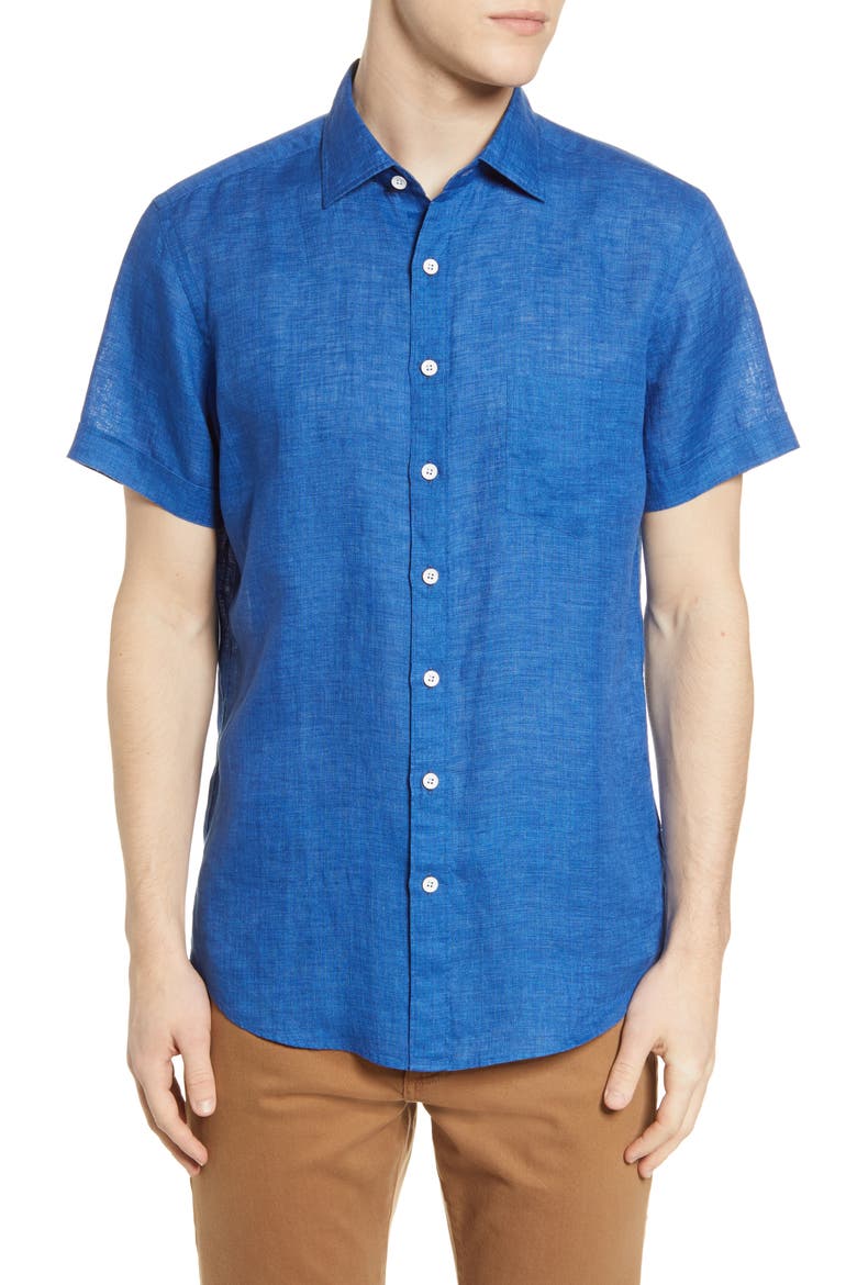 Ellerslie Short Sleeve Linen Button-Up Shirt, Main, color, AQUAMARINE