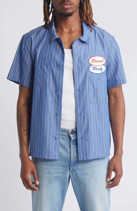 Pinstripe Short Sleeve Button-Up Work Shirt