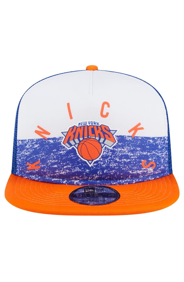 New Era Men's New Era Blue New York Knicks Arch A-Frame Trucker 9FIFTY Snapback Hat, Alternate, color, Blue