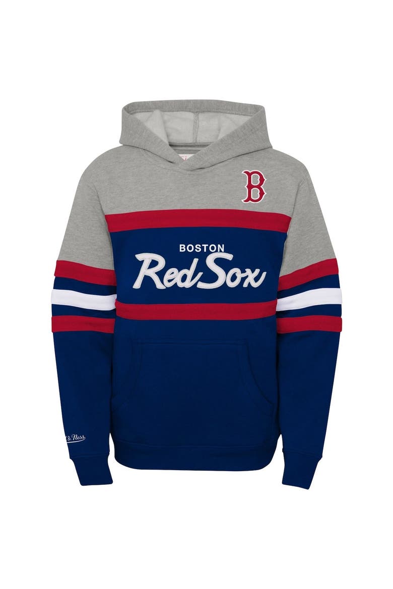 Youth Mitchell & Ness Heather Gray/Navy Boston Red Sox Cooperstown Collection Head Coach Pullover Hoodie, Alternate, color, Heather Gray
