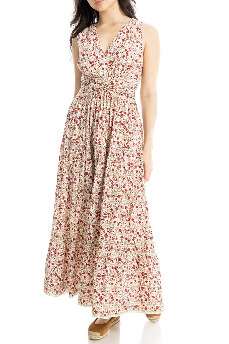 Floral Sleeveless Twist Front Cotton Blend Maxi Dress, Alternate, color, CREAM/ RED WHIMSICAL PETALS