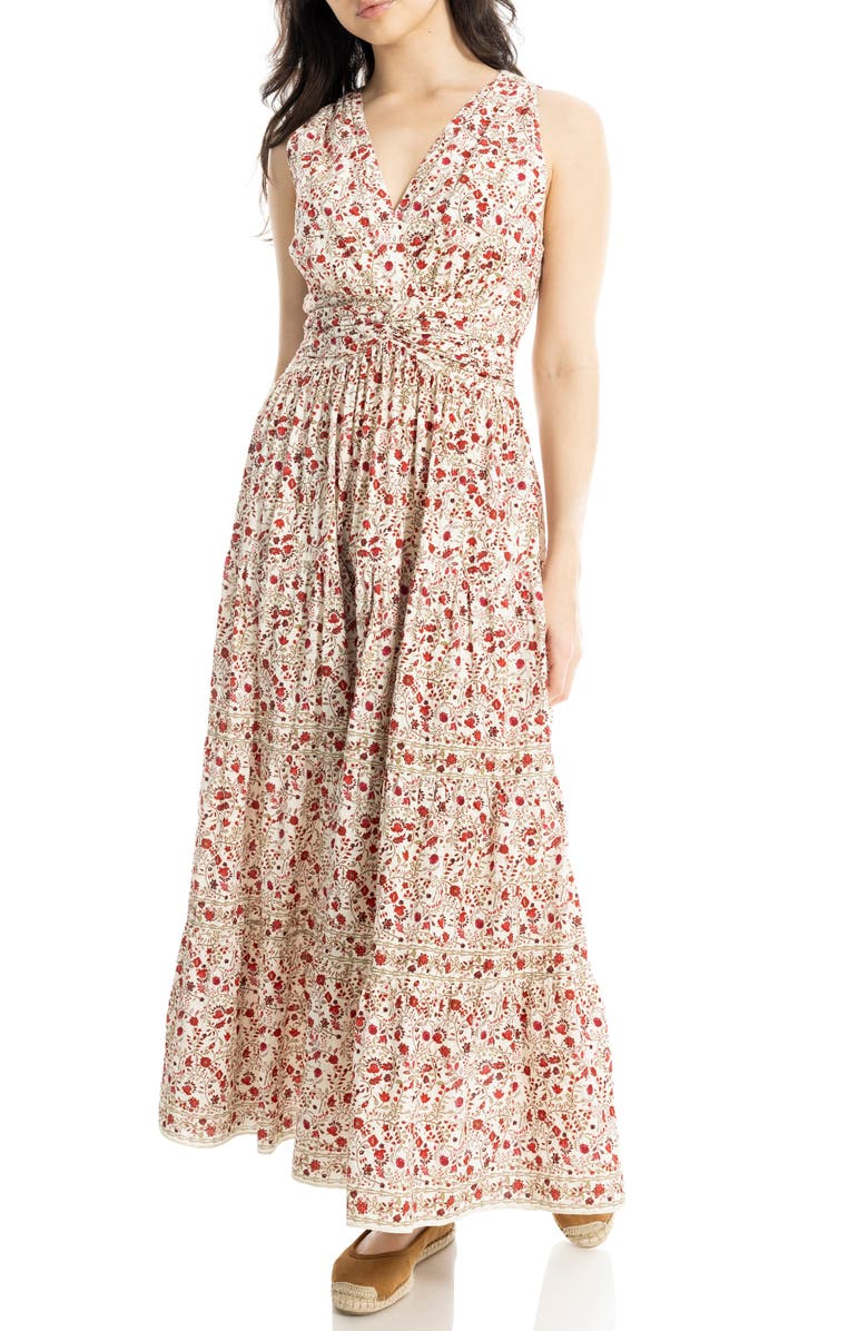 MAX STUDIO Floral Sleeveless Twist Front Cotton Blend Maxi Dress, Alternate, color, Cream/ Red Whimsical Petals
