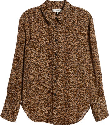 Lafayette 148 New York animal print silk luxury button up on sale shirt Medium