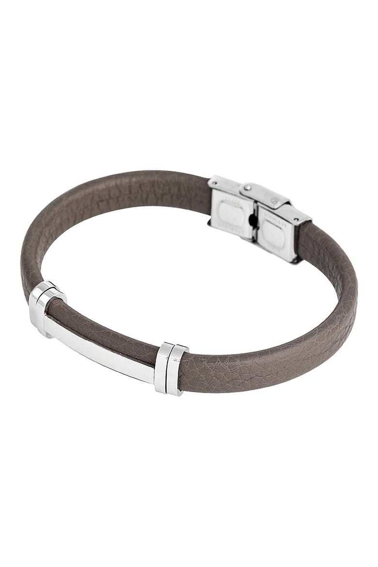 Men's Stainless Steel Cutout ID Leather Bracelet, Alternate, color, GREY
