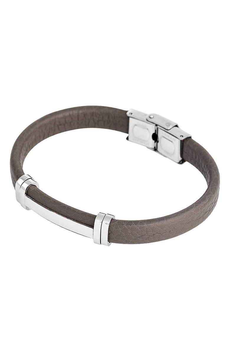 GEOFFREY BEENE Men's Stainless Steel Cutout ID Leather Bracelet, Alternate, color, Grey